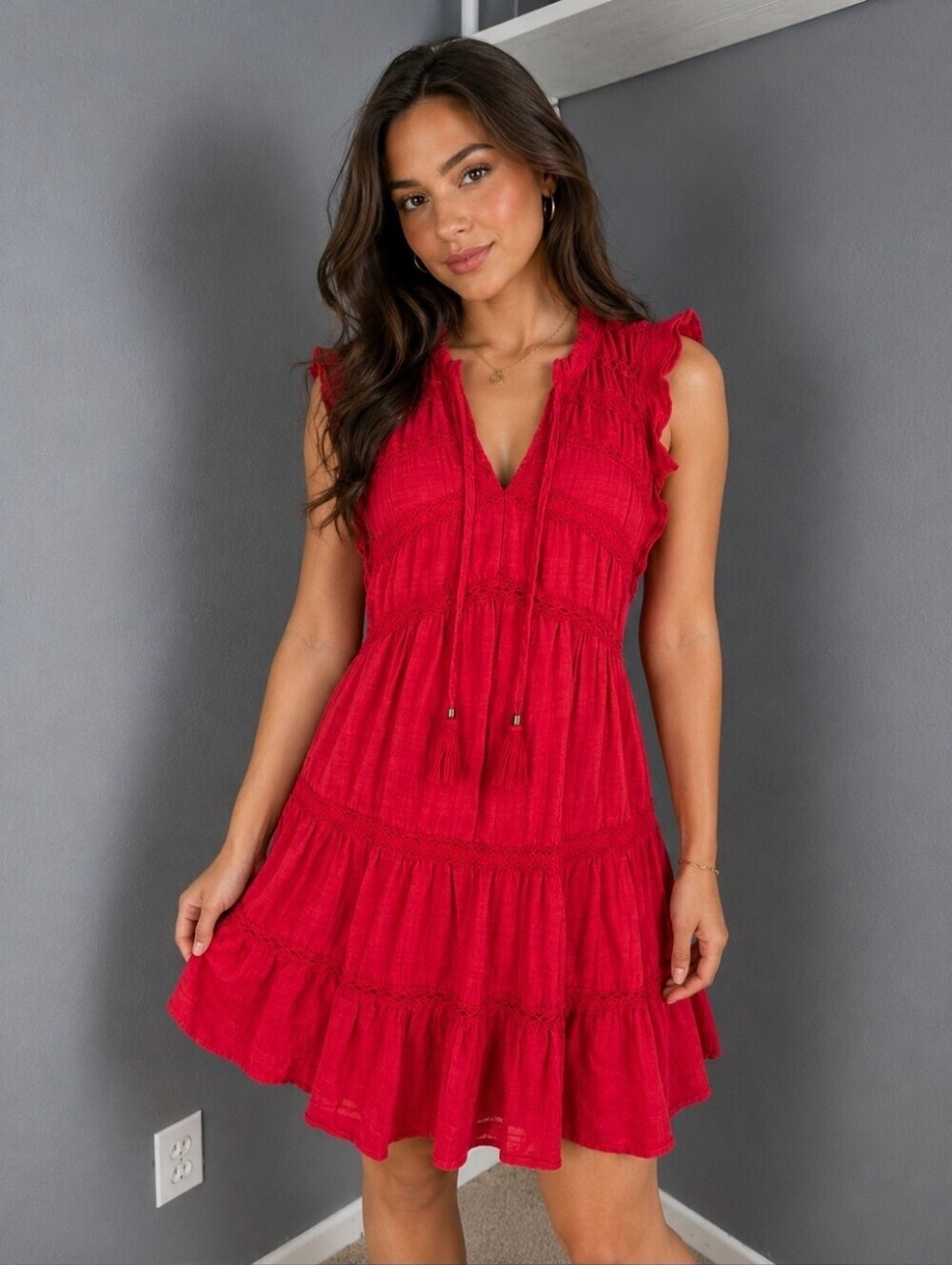 Red Sleeveless Boho Tiered Dress with Tassel Tie